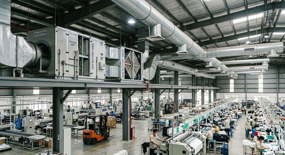 Làm mát nhà xưởng diện tích lớn bằng hệ thống AHU kết hợp thu hồi nhiệt (Heat Recovery). - HVAC Việt Nam hvacvn lam mat nha xuong dien tich lon bang he thong ahu ket hop thu hoi nhiet heat recovery 3 - HVAC Việt Nam